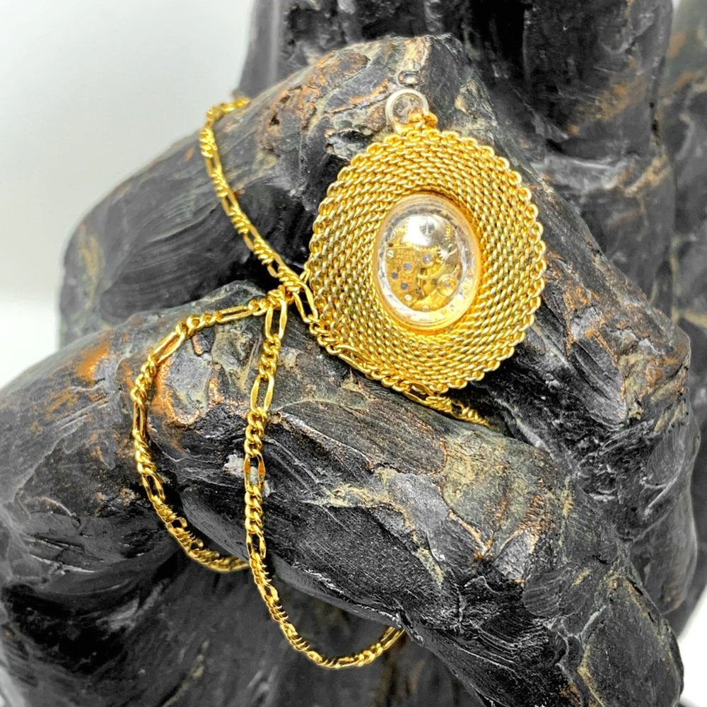 Steampunk Vintage Oval Gold Tone Case/Movement Watch Pendant/17"Necklace